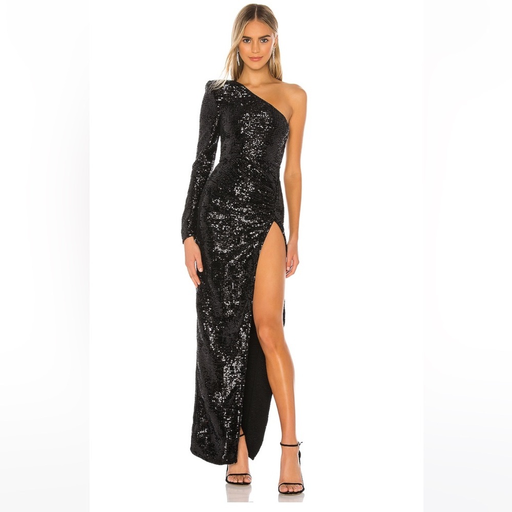NWT Michael Costello x Revolve Sequins One Shoulder Side Slit Terri Go…